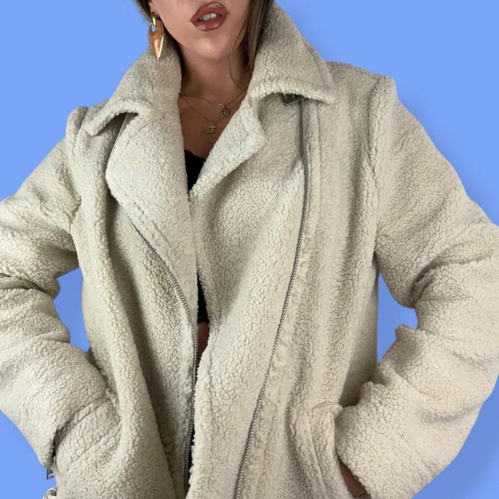 ANN TAYLOR LOFT Sherpa Teddy Jacket Silver Zipper Buckle Accents XL MSRP $198